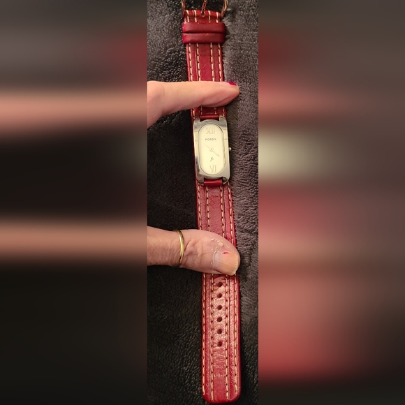 New, Never Worn. Fossil Silver Watch with Deep Red Leather Strap
